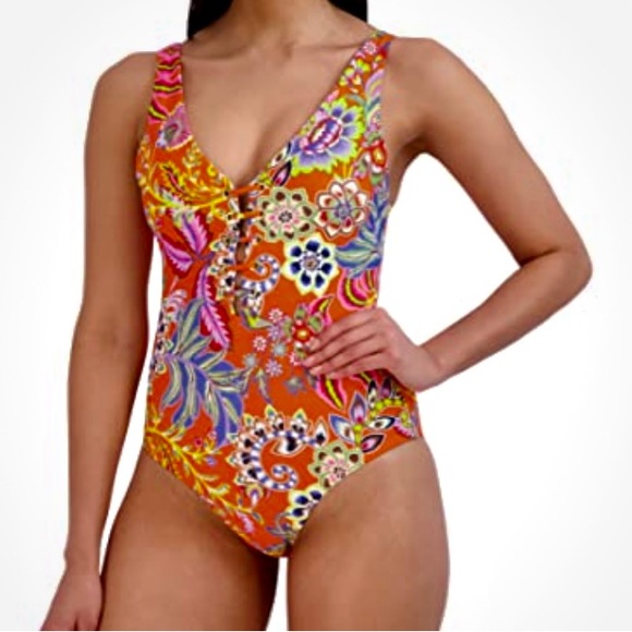 BCBGMAXAZRIA Tropical Print Orange Swimsuit 🩱 Sz M NWT One Piece - Picture 5 of 10